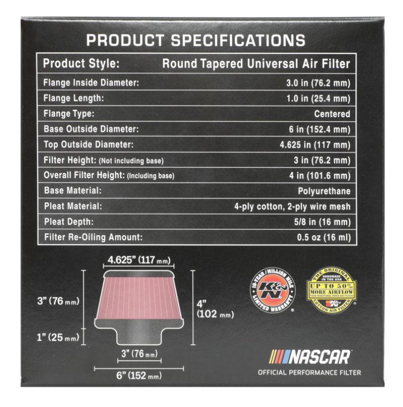 K&N Universal Round Clamp-On Air Filter 3in Flange ID x 6in Base OD x 4.625in Top OD x 3in Height - Corvette Realm