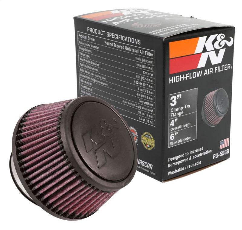 K&N Universal Round Clamp-On Air Filter 3in Flange ID x 6in Base OD x 4.625in Top OD x 3in Height - Corvette Realm