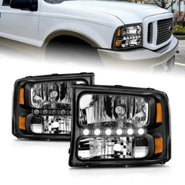 ANZO 2000-2004 Ford Excursion Crystal Headlights Black w/ LED 1pc - Corvette Realm
