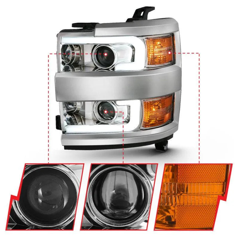ANZO 2015-2016 Chevrolet Silverado Projector Headlights w/ Plank Style Design Chrome w/ Amber - Corvette Realm