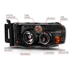 ANZO 2002-2005 Dodge Ram 1500 Projector Headlights w/ Halo Black Clear Amber - Corvette Realm
