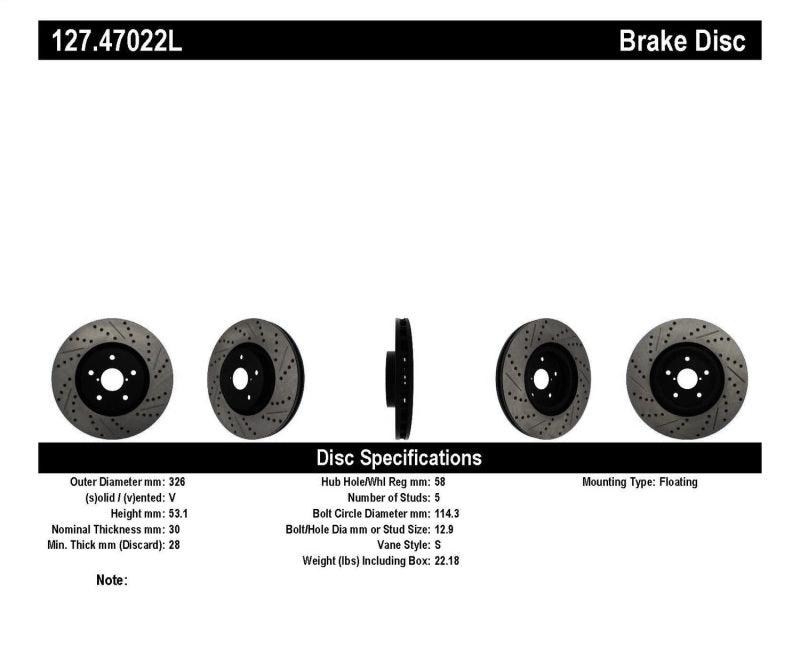 StopTech 05-10 Subaru Impreza WRX/STi Slotted & Drilled Left Front Rotor - Corvette Realm