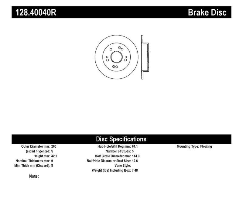 StopTech 06-07 Acura CSX (Canada) / 06-09 Honda Civic / 97-01 Prelude Drilled Right Rear Rotor - Corvette Realm