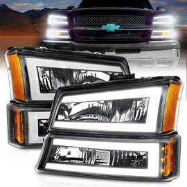 ANZO 2003-2006 Chevrolet Silverado 1500 Crystal Headlights w/ Light Bar Black Housing - Corvette Realm