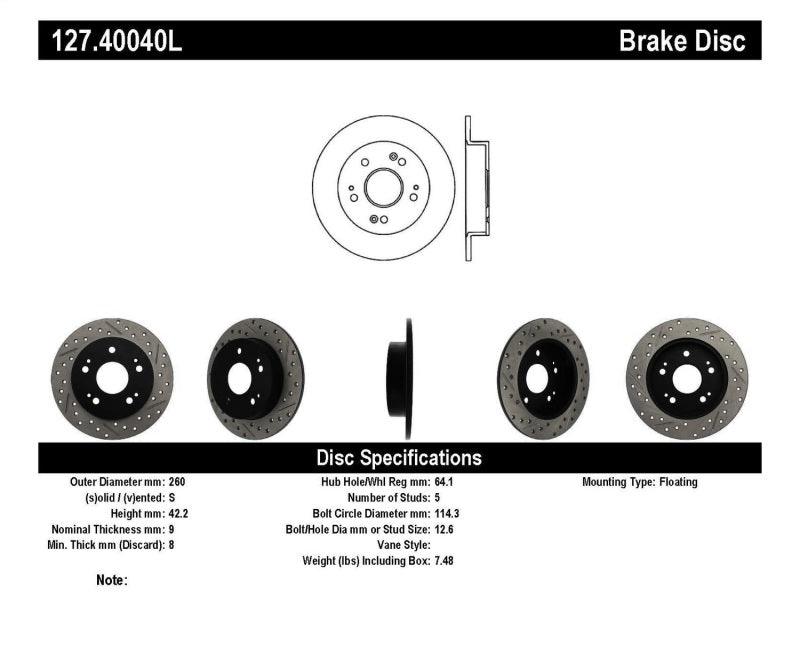 StopTech 06-09 Honda Civic Ex/Si Slotted & Drilled Left Rear Rotor - Corvette Realm