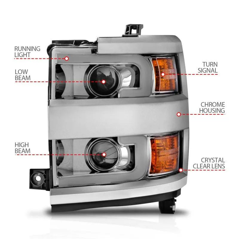 ANZO Projector Headlights 15-17 Chevrolet Silverado 2500HD / 3500HD Chrome w/ Chrome Rim - Corvette Realm