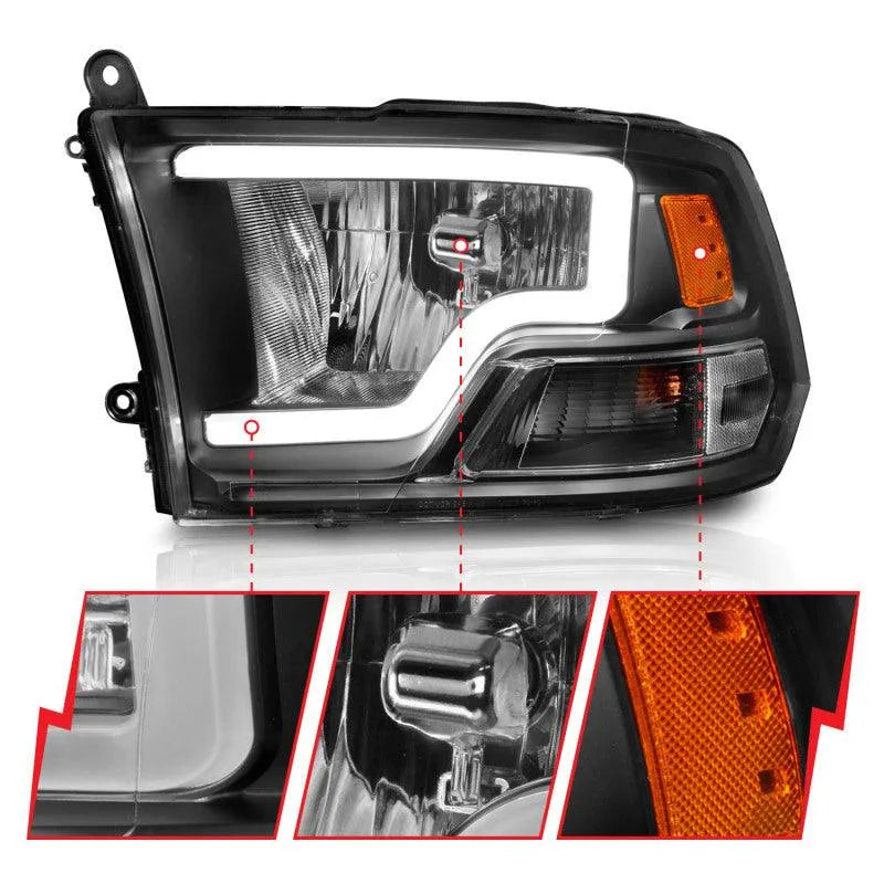 ANZO 2009-2018 Dodge Ram 1500 Crystal Headlights w/ Light Bar Black Housing - Corvette Realm