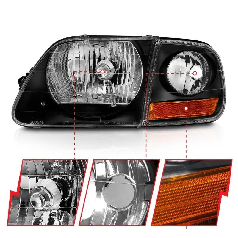 ANZO 1997-2003 Ford F150 Crystal Headlight Black w/ Parking Light - Corvette Realm