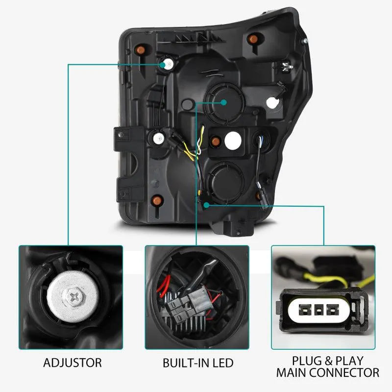 AlphaRex 11-16 Ford F-350 SD LUXX LED Proj Headlights Plank Style Alpha Blk w/Activ Light/Seq Signal - Corvette Realm