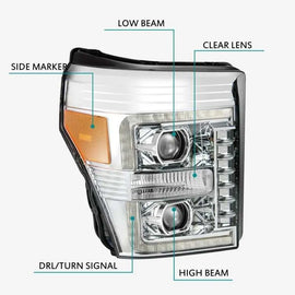 AlphaRex 11-16 Ford F-250 SD PRO-Series Projector Headlights Plank Style Design Chrome w/Seq Signal - Corvette Realm
