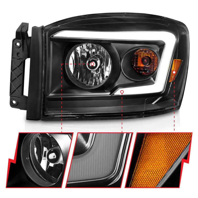 Anzo 06-09 Dodge RAM 1500/2500/3500 Headlights Black Housing/Clear Lens (w/ Light Bars) - Corvette Realm