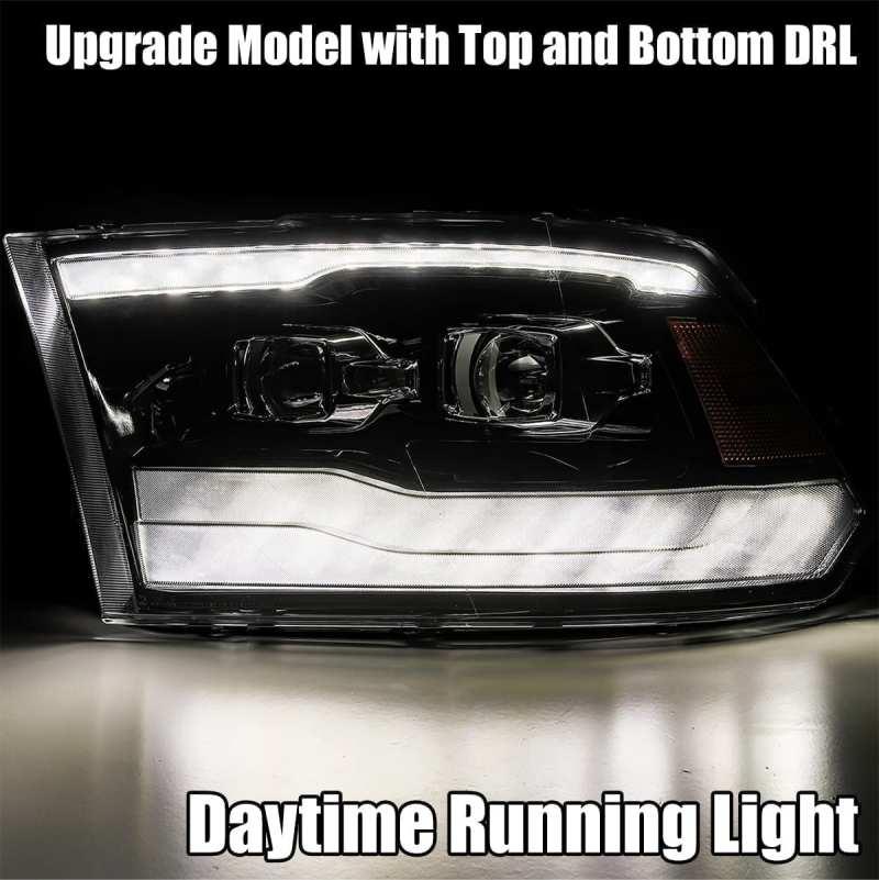 AlphaRex 09-18 Dodge Ram 1500HD LUXX LED Proj Headlights Plnk Style Blk w/Activ Light/Seq Signal/DRL - Corvette Realm