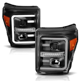 ANZO 2011-2016 Ford F250 Projector Headlights w/ Plank Style Switchback Black w/ Amber - Corvette Realm
