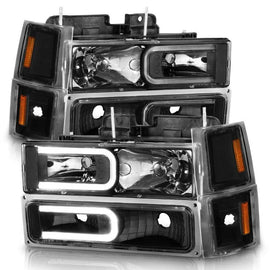 ANZO 88-98 Chevrolet C1500 Crystal Headlights w/ Light Bar Black Housing w/ Signal Side Markers 8Pcs - Corvette Realm