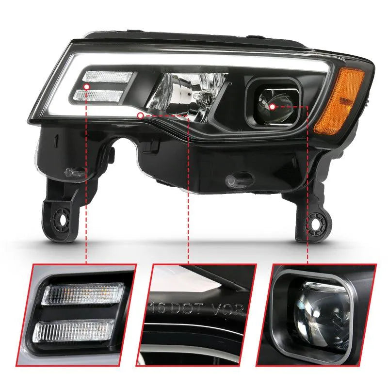 ANZO 2017-2018 Jeep Grand Cherokee Projector Headlights w/ Plank Style Switchback - Black w/ Amber - Corvette Realm