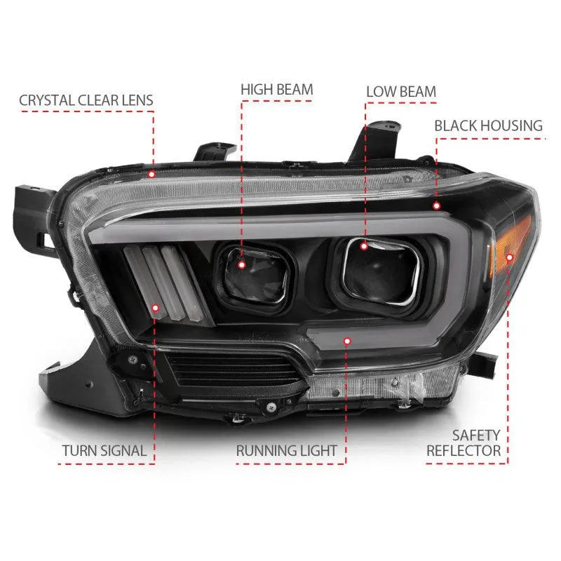ANZO 2016-2017 Toyota Tacoma Projector Headlights w/ Plank Style Switchback Black w/ Amber - Corvette Realm
