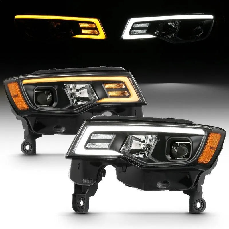 ANZO 2017-2018 Jeep Grand Cherokee Projector Headlights w/ Plank Style Switchback - Black w/ Amber - Corvette Realm