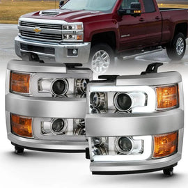 ANZO 2015-2016 Chevrolet Silverado Projector Headlights w/ Plank Style Design Chrome w/ Amber - Corvette Realm