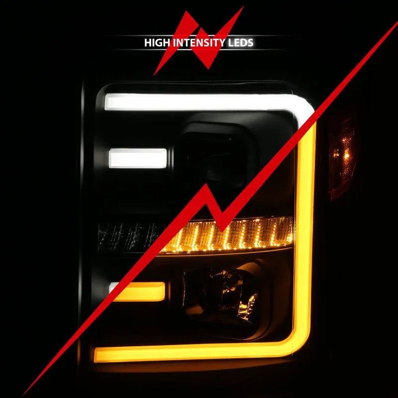 ANZO 2011-2016 Ford F250 Projector Headlights w/ Plank Style Switchback Black w/ Amber - Corvette Realm