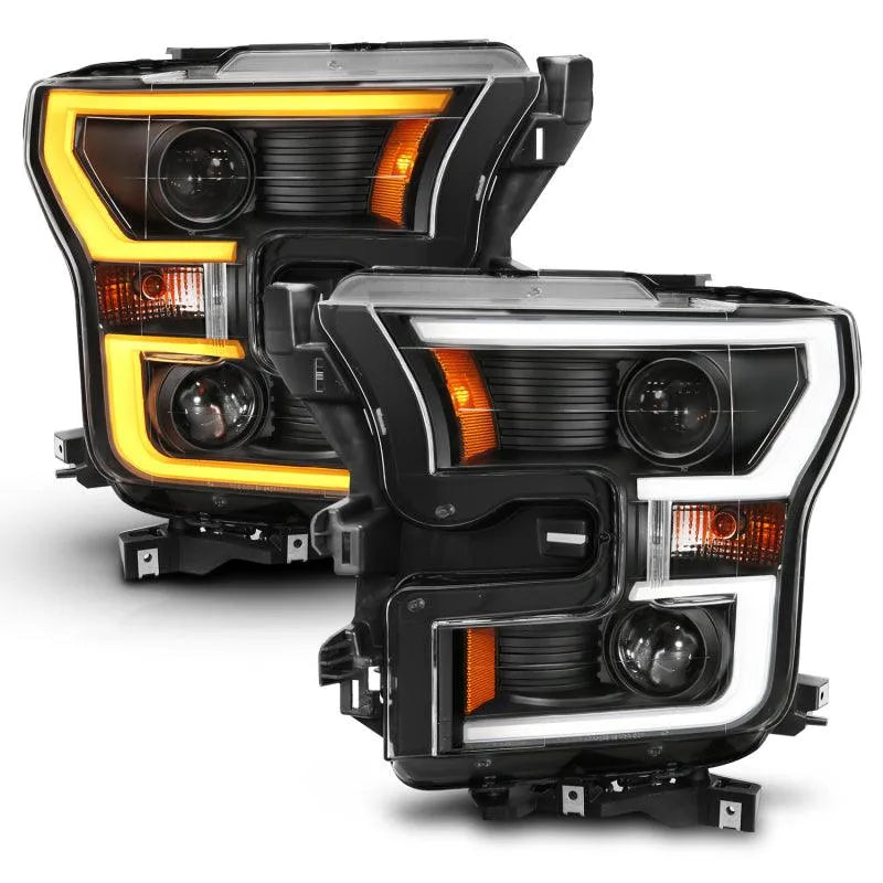 ANZO 2015-2017 Ford F-150 Projector Headlights w/ Plank Style Switchback Black w/ Amber - Corvette Realm