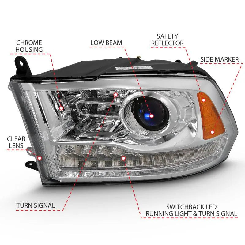 ANZO 2009-2018 Dodge Ram 1500 Projector Plank Style Switchback H.L Halo Chrome Amber (OE Style) - Corvette Realm