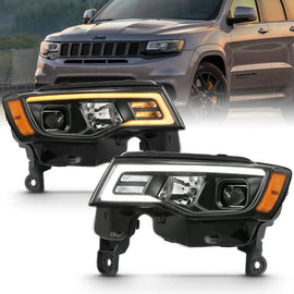 ANZO 2017-2018 Jeep Grand Cherokee Projector Headlights w/ Plank Style Switchback - Black w/ Amber - Corvette Realm