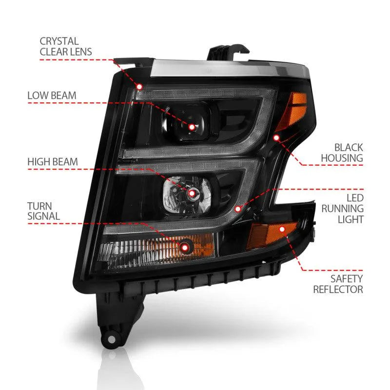 ANZO 2015-2020 Chevy Tahoe Projector Headlights Plank Style Black w/DRL - Corvette Realm