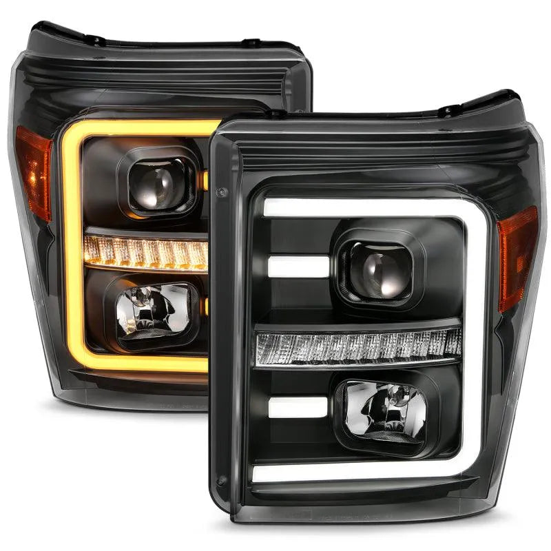 ANZO 2011-2016 Ford F250 Projector Headlights w/ Plank Style Switchback Black w/ Amber - Corvette Realm
