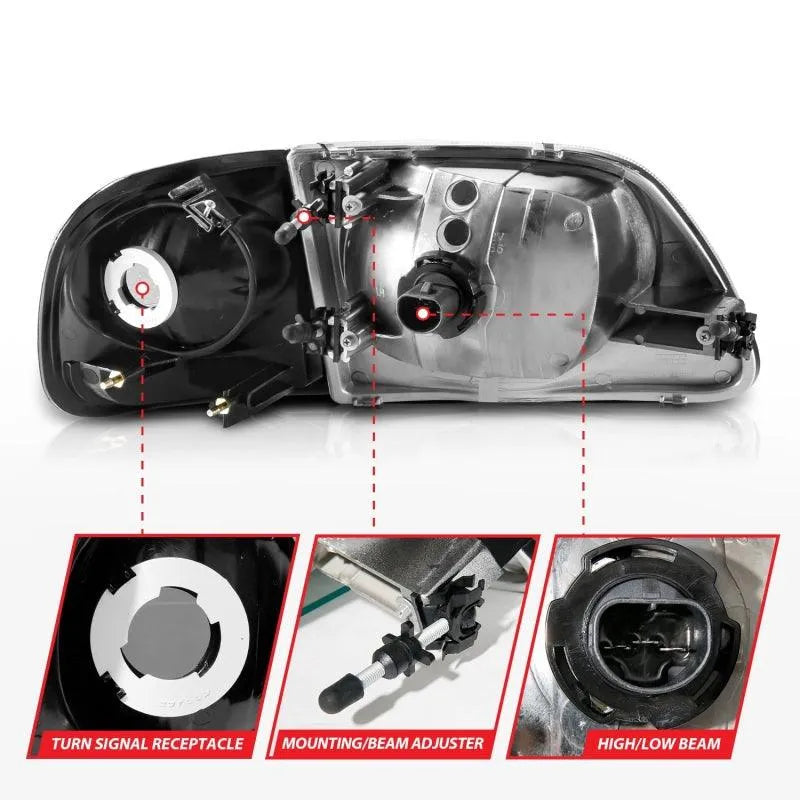 ANZO 1997-2003 Ford F150 Crystal Headlight Black w/ Parking Light - Corvette Realm