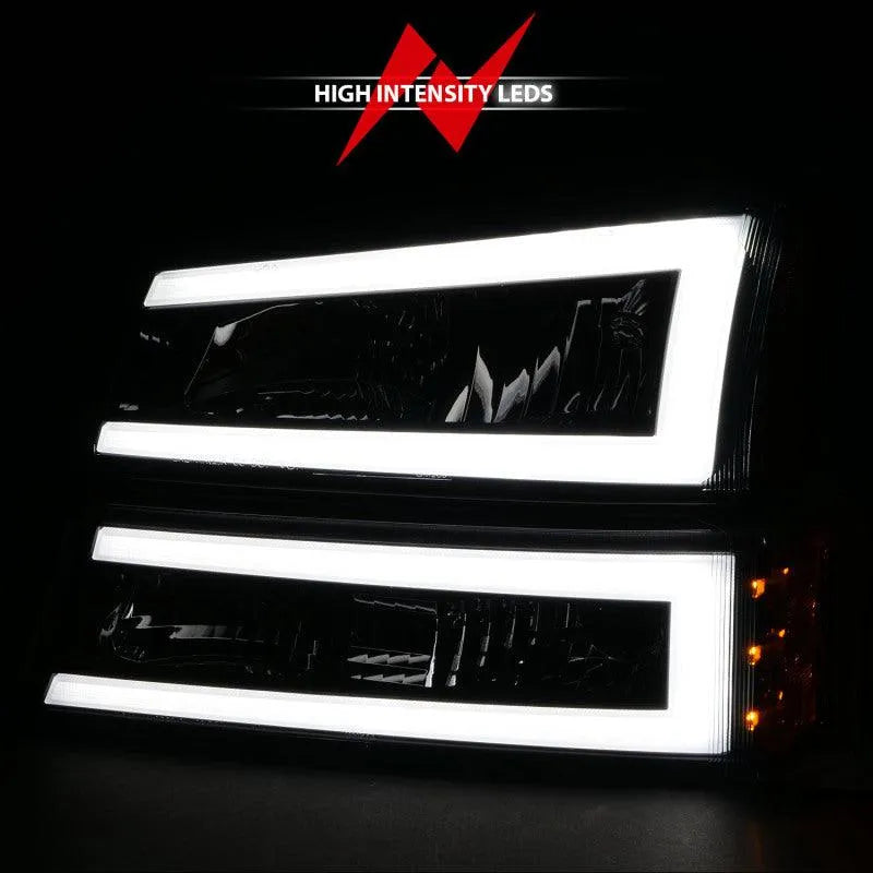 ANZO 2003-2006 Chevrolet Silverado 1500 Crystal Headlights w/ Light Bar Black Housing - Corvette Realm