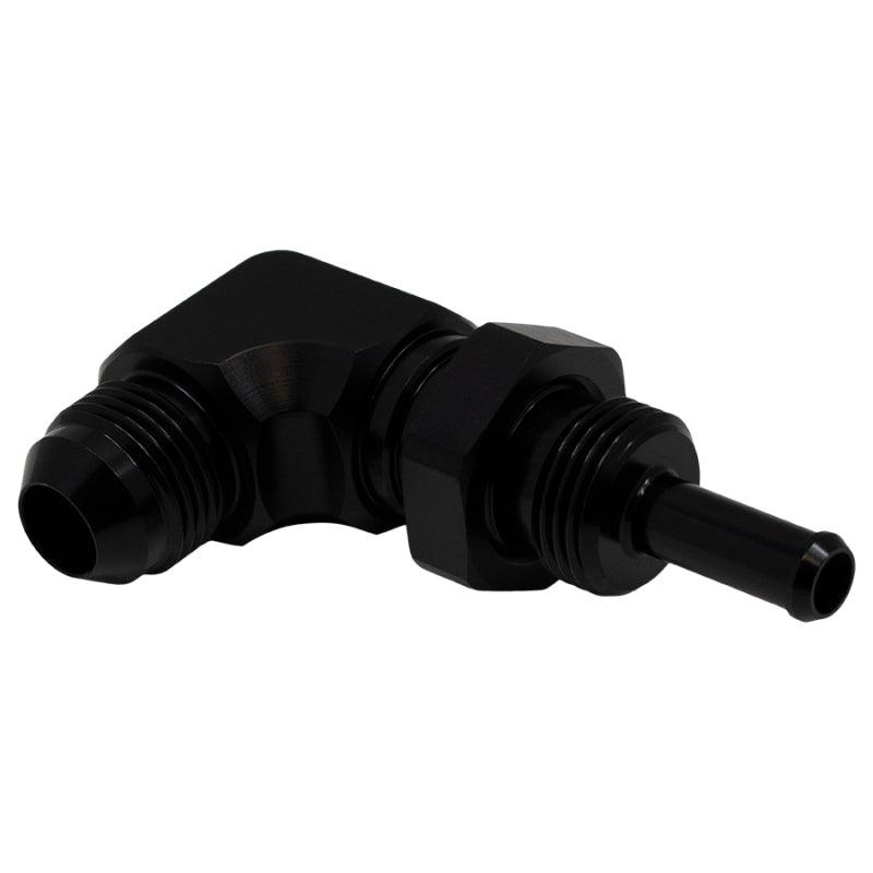 DeatschWerks 8AN Male Flare to 5/16in Male Barb Bulkhead Adapter 90-Degree - Anodized Matte Black - Corvette Realm