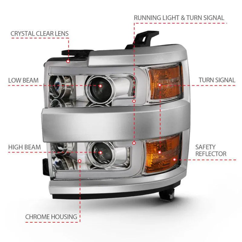 ANZO 2015-2016 Chevrolet Silverado Projector Headlights w/ Plank Style Design Chrome w/ Amber - Corvette Realm