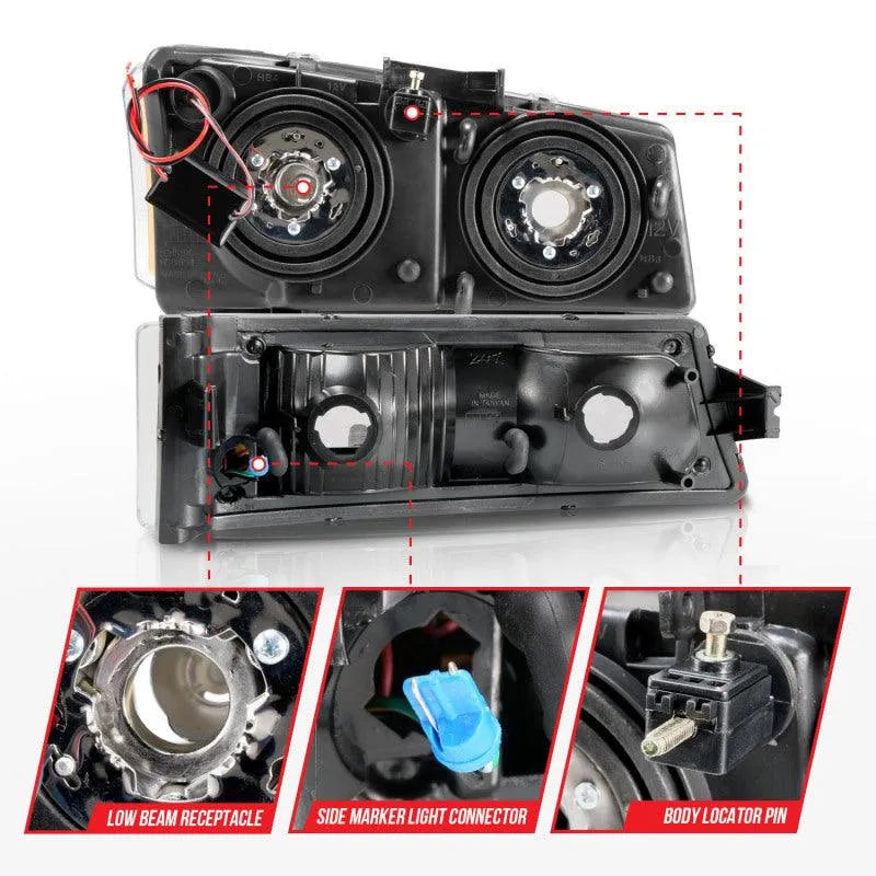 ANZO 2003-2006 Chevrolet Silverado 1500 Crystal Headlights w/ Light Bar Black Housing - Corvette Realm