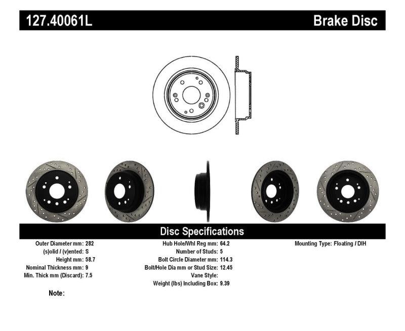 StopTech 04-08 Acura TL / 03-09 honda Element Slotted & Drilled Left Rear Rotor - Corvette Realm