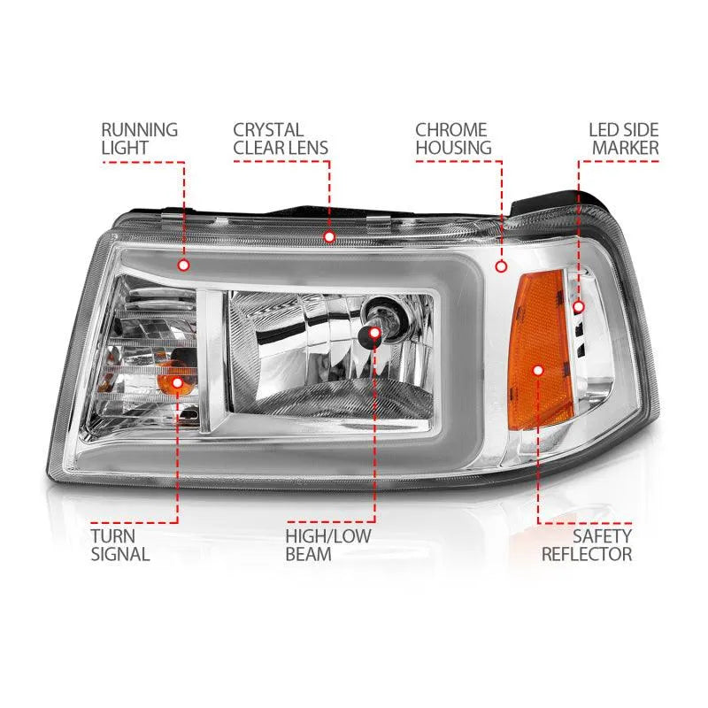 ANZO 2001-2011 Ford Ranger Crystal Headlights w/ Light Bar Chrome Housing - Corvette Realm