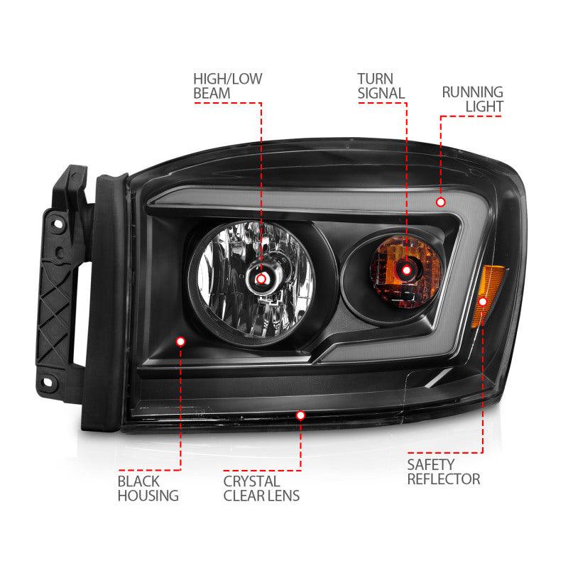 Anzo 06-09 Dodge RAM 1500/2500/3500 Headlights Black Housing/Clear Lens (w/ Light Bars) - Corvette Realm