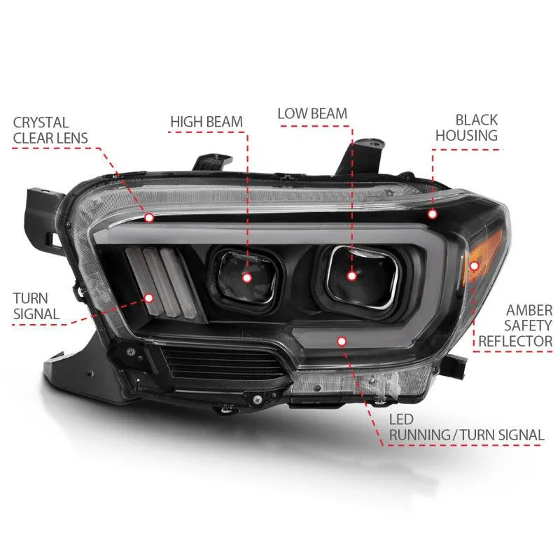 ANZO 2016-2017 Toyota Tacoma Projector Headlights w/ Plank Style Switchback Black w/ Amber - Corvette Realm