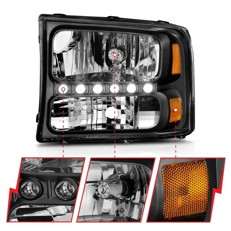 ANZO 2000-2004 Ford Excursion Crystal Headlights Black w/ LED 1pc - Corvette Realm