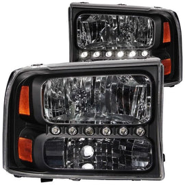 ANZO 2000-2004 Ford Excursion Crystal Headlights Black w/ LED 1pc - Corvette Realm