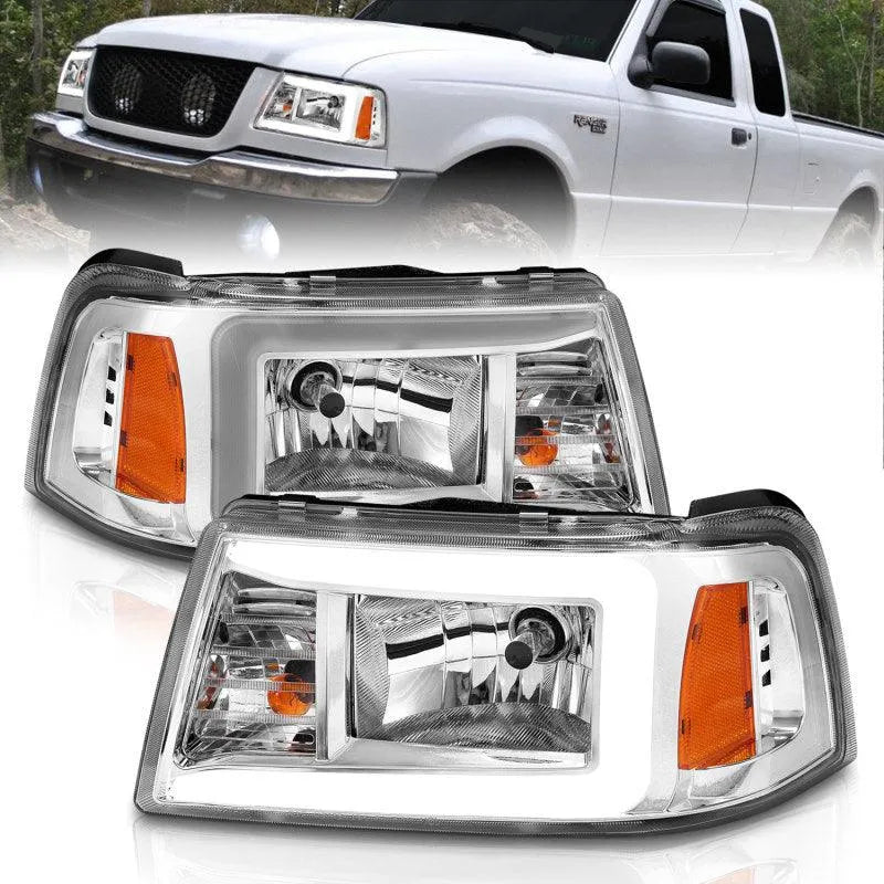 ANZO 2001-2011 Ford Ranger Crystal Headlights w/ Light Bar Chrome Housing - Corvette Realm