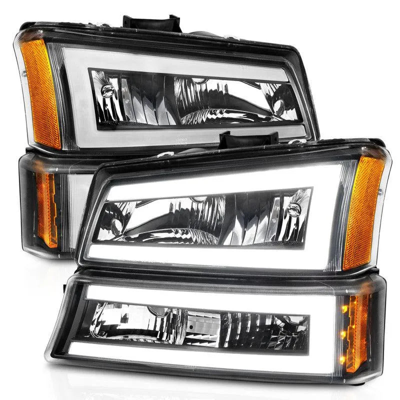 ANZO 2003-2006 Chevrolet Silverado 1500 Crystal Headlights w/ Light Bar Black Housing - Corvette Realm