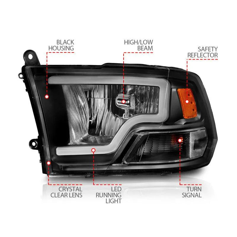ANZO 2009-2018 Dodge Ram 1500 Crystal Headlights w/ Light Bar Black Housing - Corvette Realm