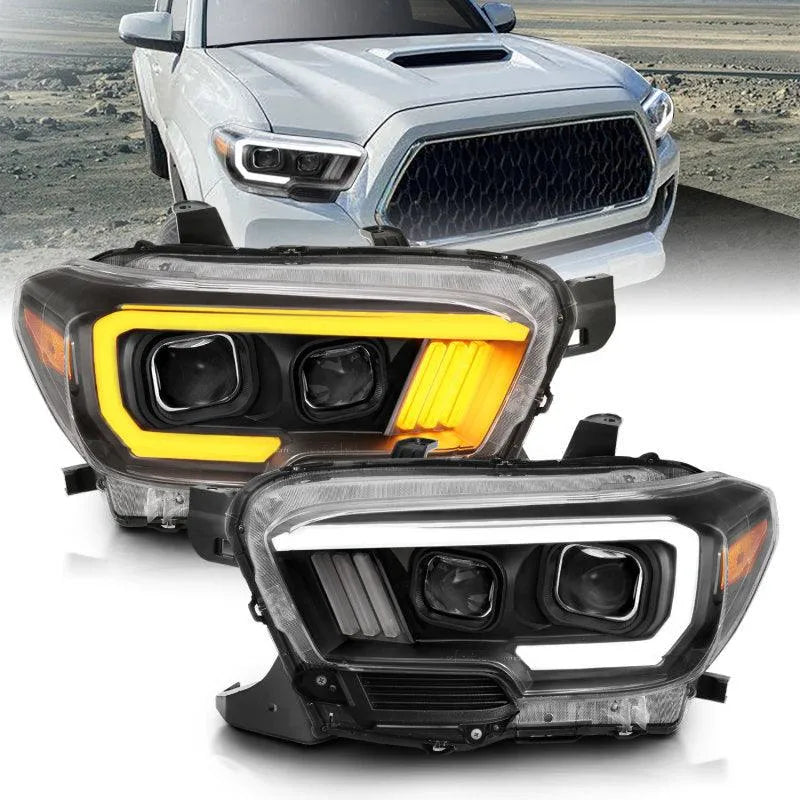 ANZO 2016-2017 Toyota Tacoma Projector Headlights w/ Plank Style Switchback Black w/ Amber - Corvette Realm