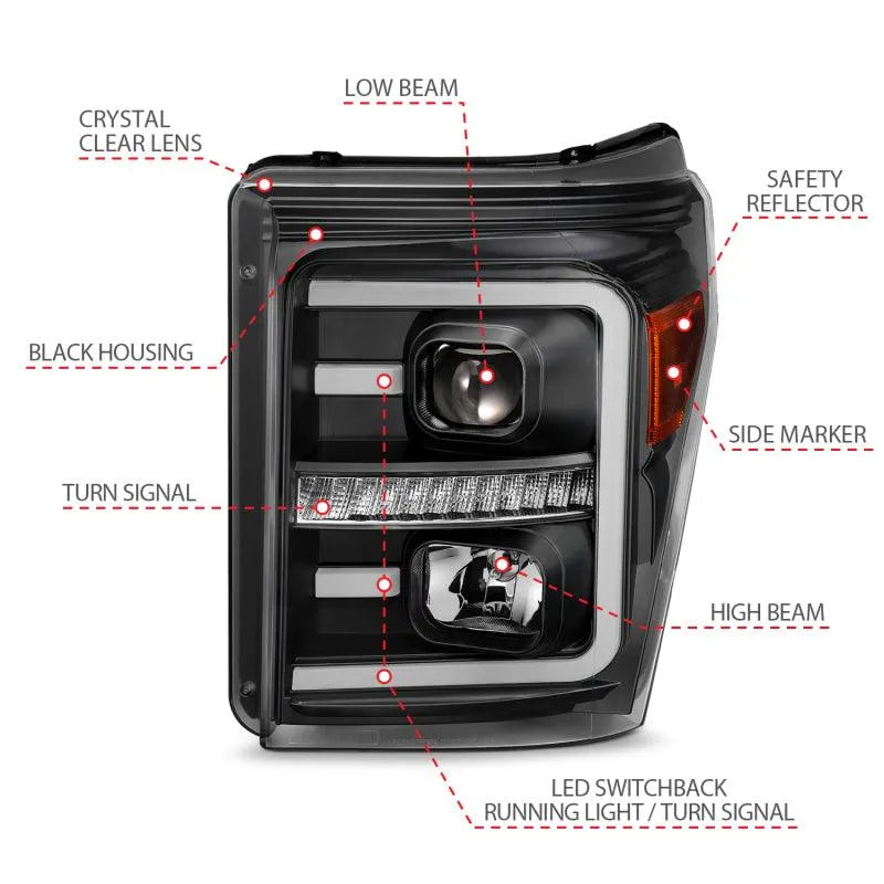 ANZO 2011-2016 Ford F250 Projector Headlights w/ Plank Style Switchback Black w/ Amber - Corvette Realm