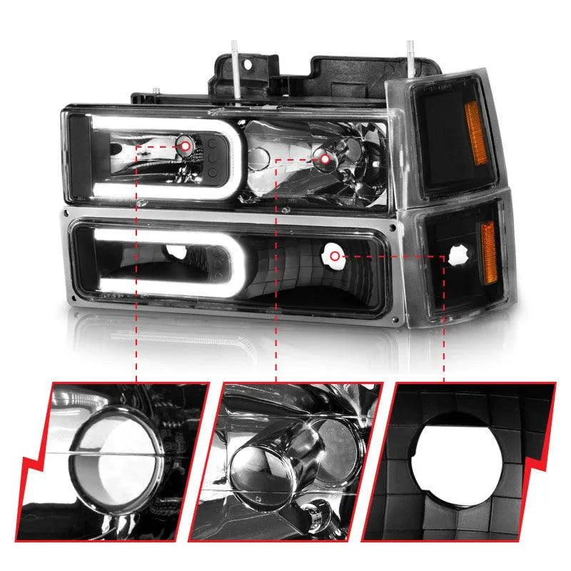 ANZO 88-98 Chevrolet C1500 Crystal Headlights w/ Light Bar Black Housing w/ Signal Side Markers 8Pcs - Corvette Realm