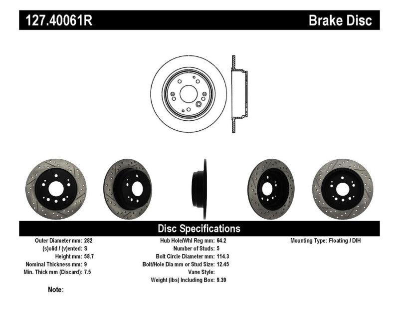 StopTech 04-08 Acura TL / 03-09 honda Element Slotted & Drilled Right Rear Rotor - Corvette Realm