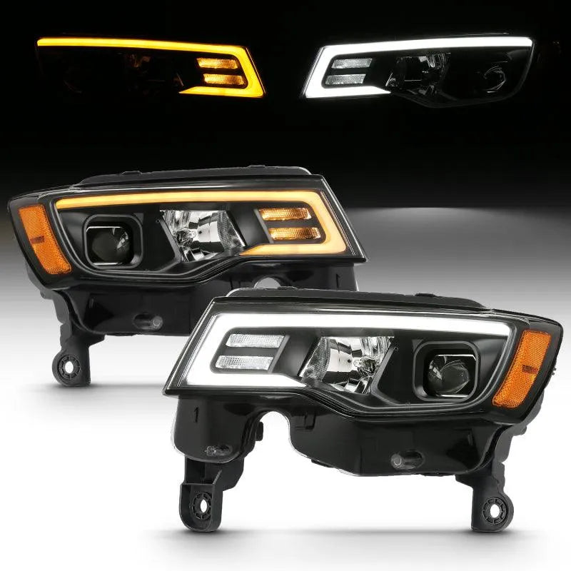 ANZO 2017-2018 Jeep Grand Cherokee Projector Headlights w/ Plank Style Switchback - Black w/ Amber - Corvette Realm