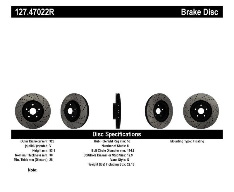 StopTech 05-10 Subaru Impreza WRX/STi Slotted & Drilled Right Front Rotor - Corvette Realm