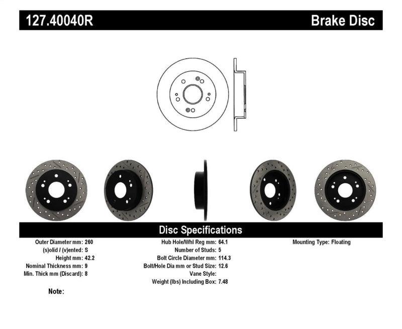 StopTech 06-09 Honda Civic Ex/Si Slotted & Drilled Right Rear Rotor - Corvette Realm