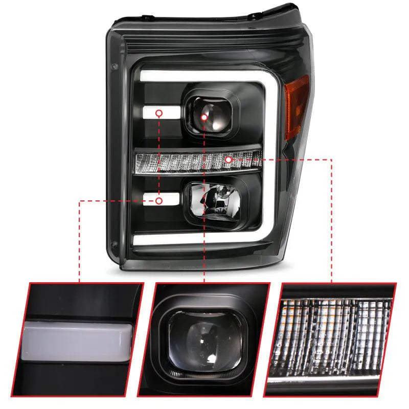 ANZO 2011-2016 Ford F250 Projector Headlights w/ Plank Style Switchback Black w/ Amber - Corvette Realm